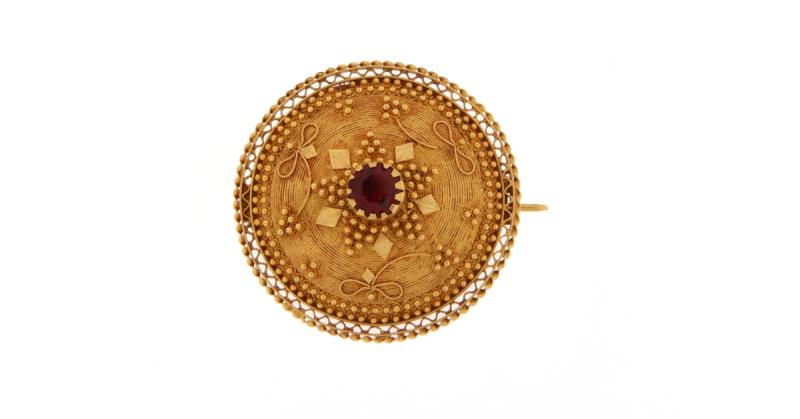 Spilla in oro g 750/1000 bottone sardo con pietra rossa 