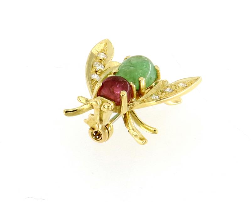 Spilla oro giallo 750/1000 mosca con pietre colorate e diamantini