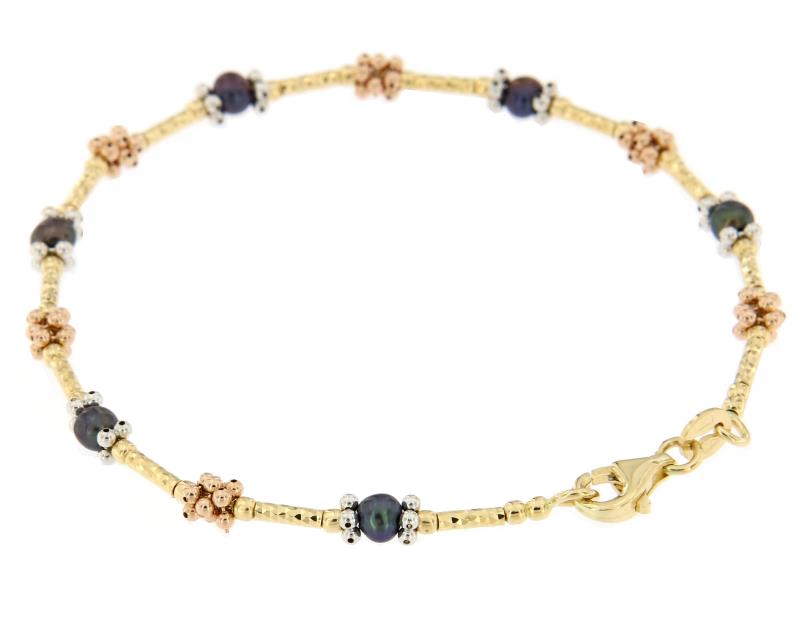 Bracciale in tre ori 750\1000 con perline scure  cm 18.5
