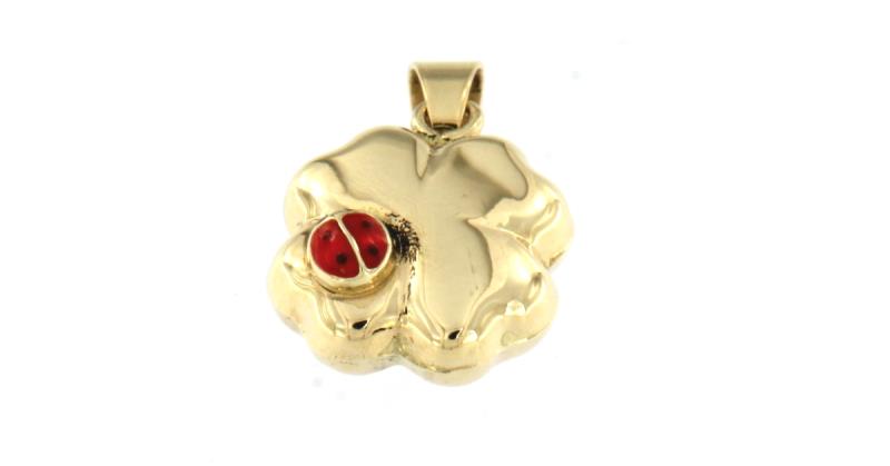 Ciondolo in oro g 750/1000 quadrifoglio coccinella cm 1,8 x 1,1 cm