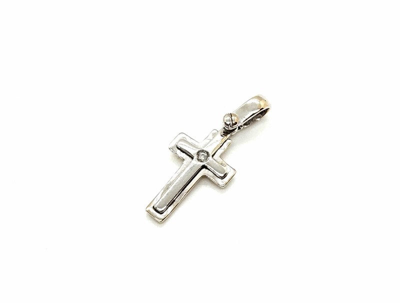 Ciondolo  oro bianco 750/1000 croce con diamante da 0.01 ct