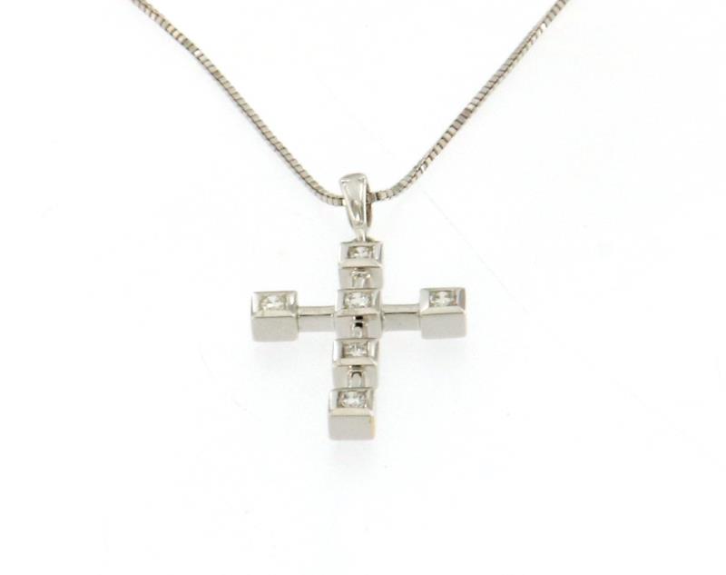 Collana in oro bianco 750\1000 con ciondolo croce e 6 diamantini cm 40