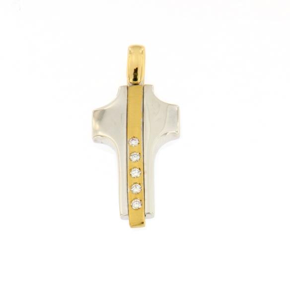 Croce 2 ori 750/1000 con 5 diamanti taglio brillante da 0.05 ct