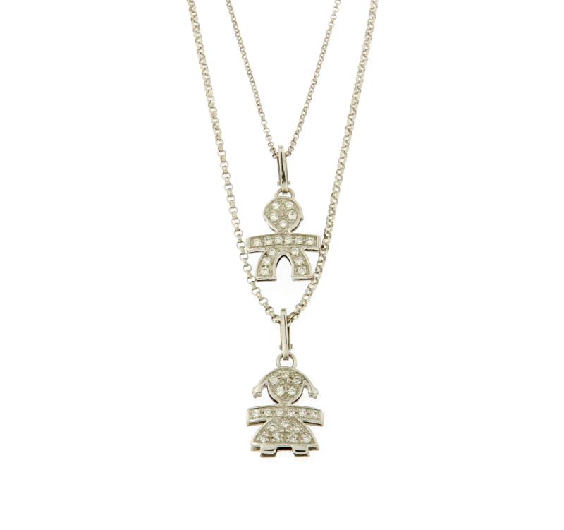Le bebe' collana  oro bianco 750/1000 doppio filo  con bambina e bambino in  di pave' di diamanti cm 40 e cm 42